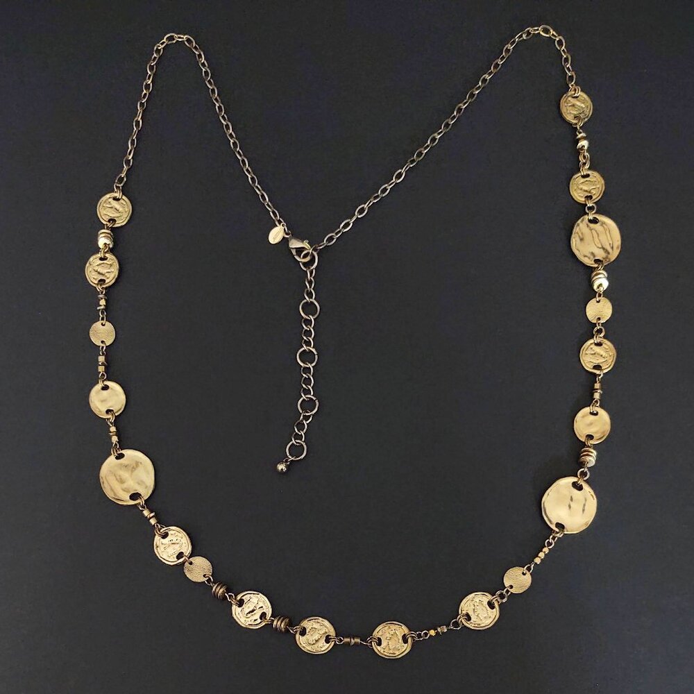 Long gold tone disk single strand necklace - Picture 5 of 12
